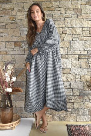 Arbi Gingham Artist Peasant Dress Black